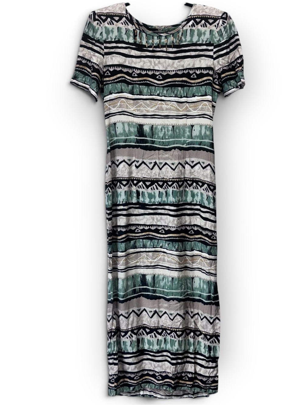 Vintage John Roberts Tribal Print Maxi Dress | 80s Shoulder Pad Boho Midi Dress
